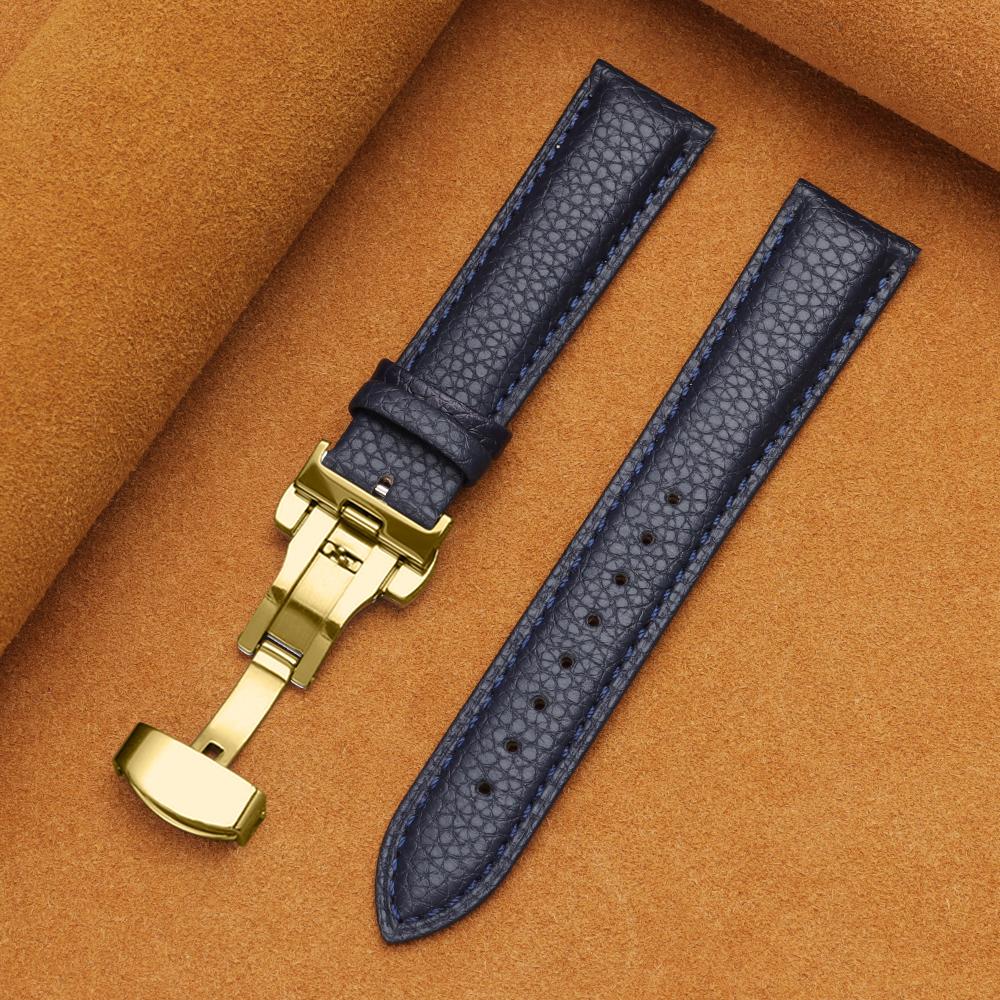 12/14/16/18/19/20/22mm Kalvskinnsklockarmband Litchimönstrad Rem Äkta Läder Armbandsurrem Fjärilsspänne Klocktillbehör