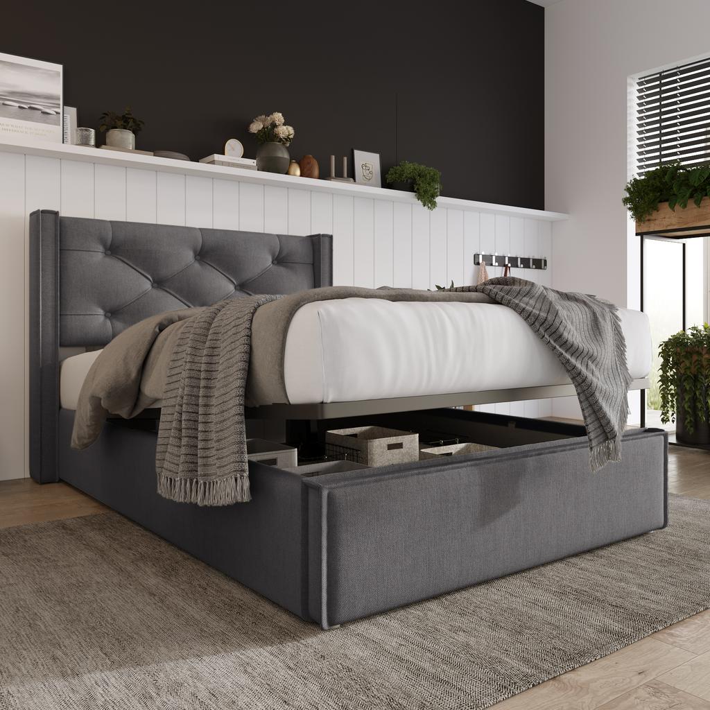 Hydraulic Single Bed, Upholstered, 90x200cm, Metal Slatted Frame, Modern, Storage Space, Cotton, Grey (With Mattress)