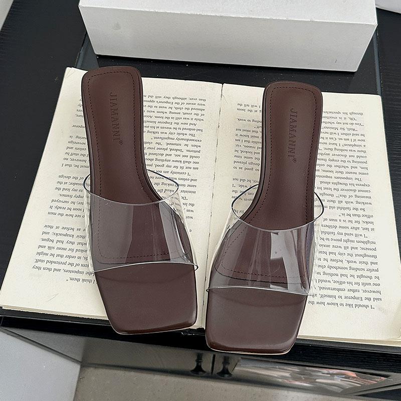 Fashion Fashion Transparent Heels Slippers Shoes For Women Footwear Square Toe Ladies Medium Heels Slippers Shoes Female Slides Sandals