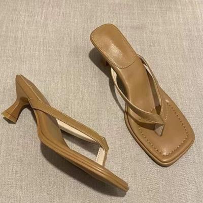 Fashion 2025 New Flip Flops Kitten Heels Slippers Women Genuine Mules Shoes Woman Summer Slides Low Heels Slippers Woman