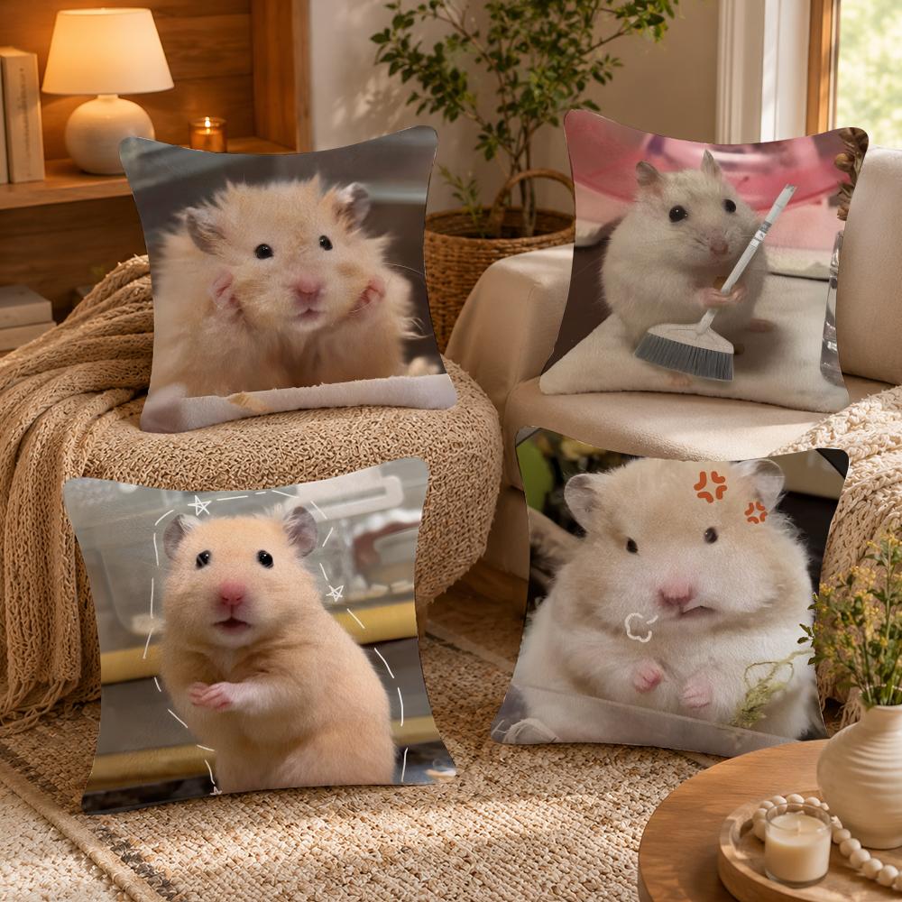 Funny Hamster Meme Cute Cushion Cover Anti-dustmite Pillowcase Invisible Zipper Silky Short Plush Sofa Cushion Cover