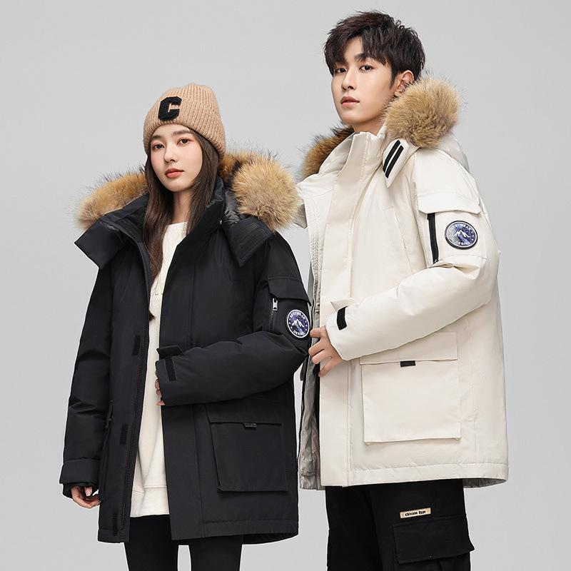 2025 Unisex Winter Down Jacket with Fur Collar – Plush, Hooded, White Duck Down Coat for Men & Women