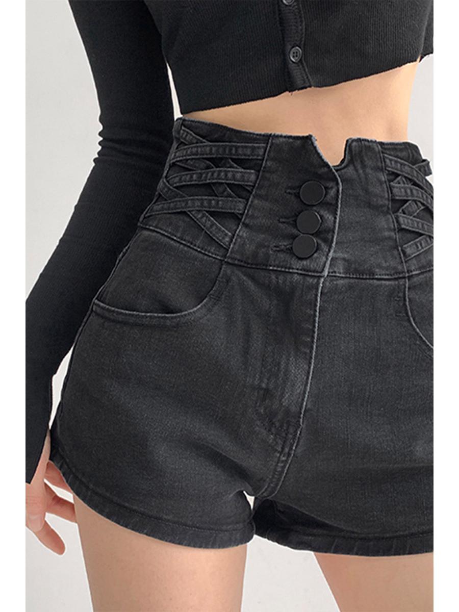 

Джинсовые шорты А-силуэта с завышенной талией для миниатюрных женщин - Сладкий и пикантный летний стиль 2XL чёрный