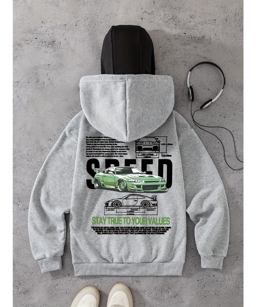 Men's Black Hooded Sweatshirt with Green Racing Print - "speed" Design, "loyal To You" Zipper Sweatshirt