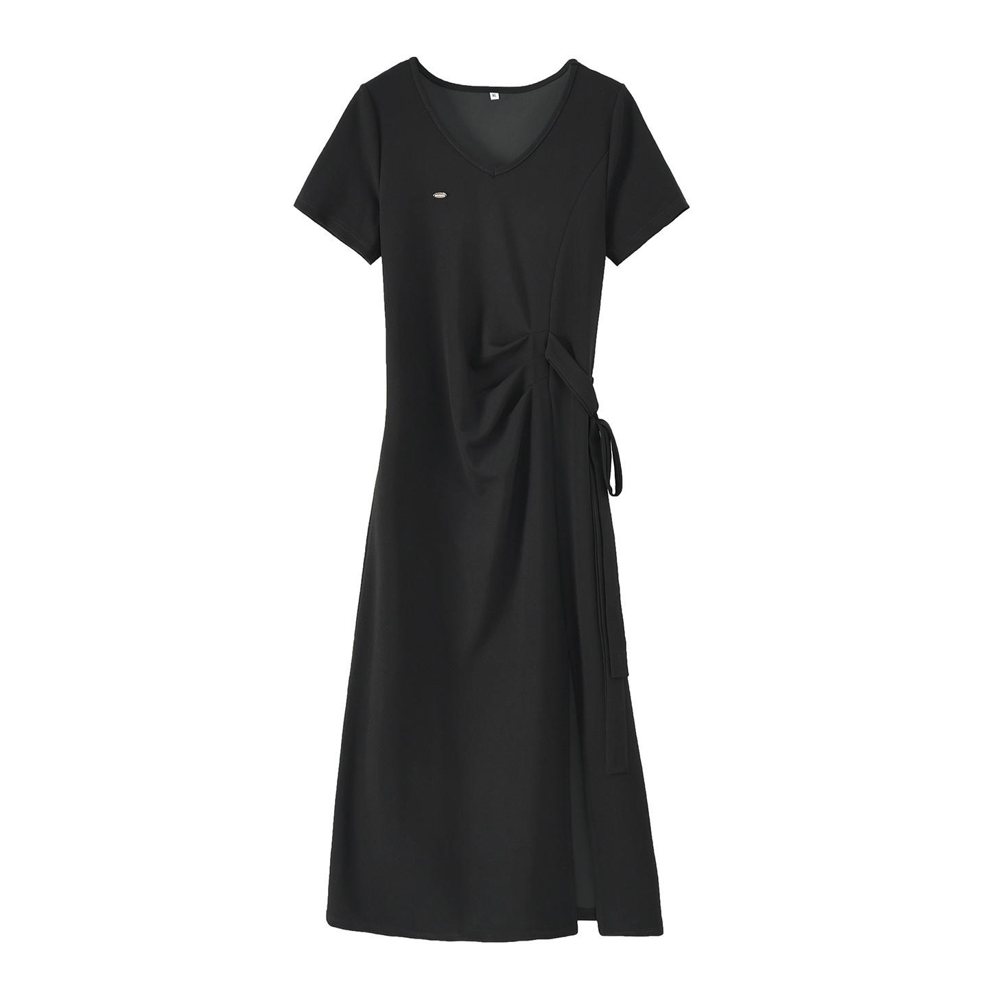 

Plus Size Resort Style Tie-Up Long Dress - Slimming Solid Color Slit Maxi, Summer 2026 Arrival. 4XL (90-100 kg) чорний