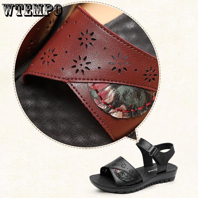 Damensandalen aus Leder mit weicher Sohle, Mama-Schuhe, Sommermode, bequeme Schuhe, flache, rutschfeste Sandalen mit dicker Sohle, mittleres Alter, PU-Material