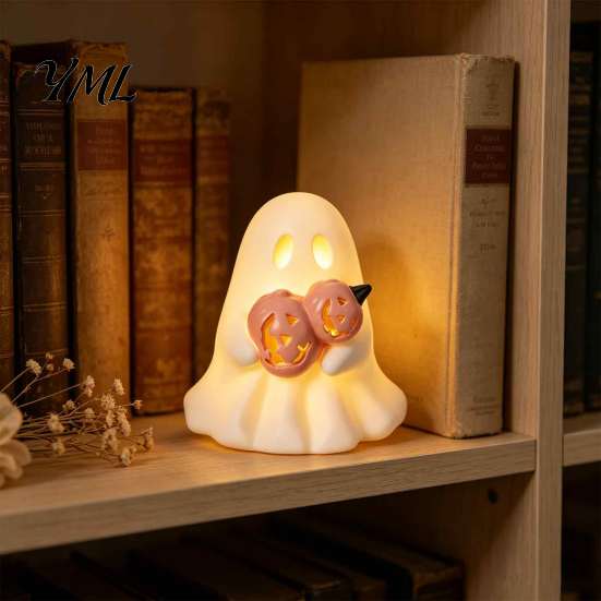 Seasonal Home Ornament Halloween Glowing Ghost Figurine, LED Light Up Ghost, Farmhouse Tabletop Decor Rustic Autumn Accents for Tiered Tray
