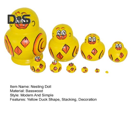 10Pcs/Set Yellow Duck Russian Nesting Doll 10 Layers Handmade Wooden Matryoshka Animal Stacking Toy Desktop Figurine Decoration Birthday Gift