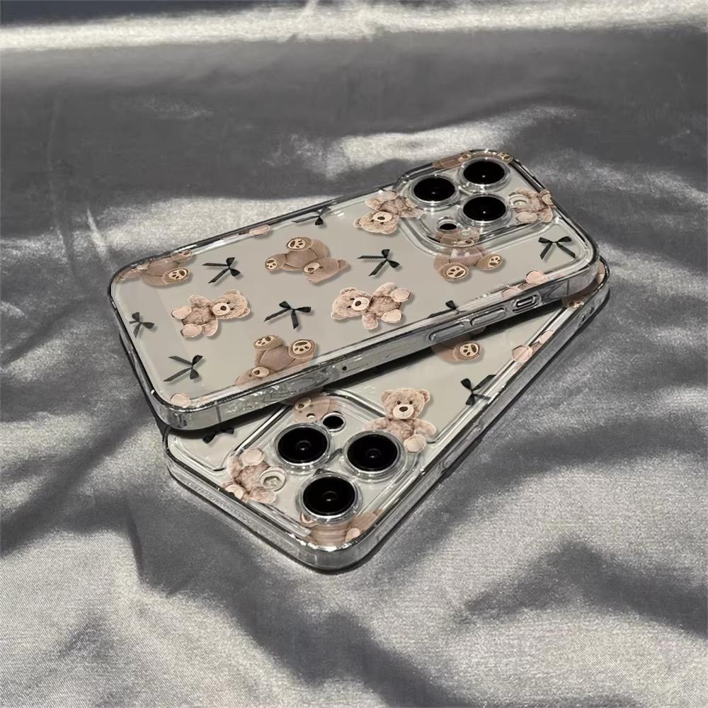 Cute Teddy Bear Bow Transparent Case For Samsung Galaxy S26 S25 S24 Ultra S23 FE S22 S21 S20 Plus A73 A72 A71 A53 A52 A51 Cover