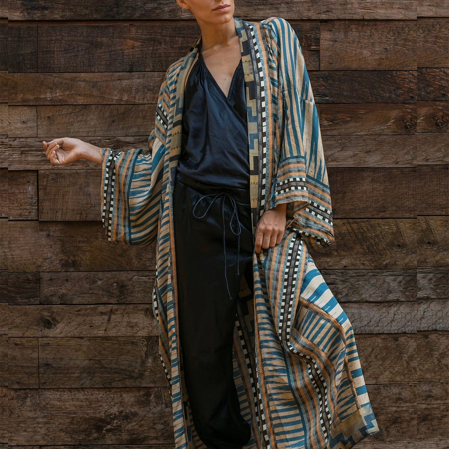 

Кимоно с открытым передом и поясом с геопринтом, пляжная одежда с длинными рукавами в стиле бохо, женская одежда One-size морской синий