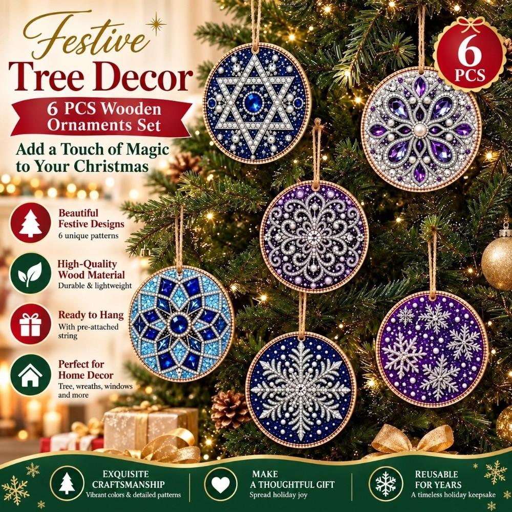 6pcs DIY Craft Pearl Diamond Painting Kit 2D Flat Wooden Tag Pendants New Year Gift