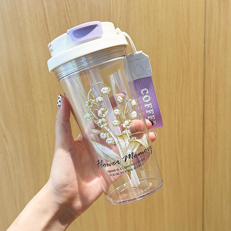 Water Bottle High Value Student Water Cup Lily of the Valley Coffee Cup Will Carry Rope Plastic Cup Summer Double Drinking Cup