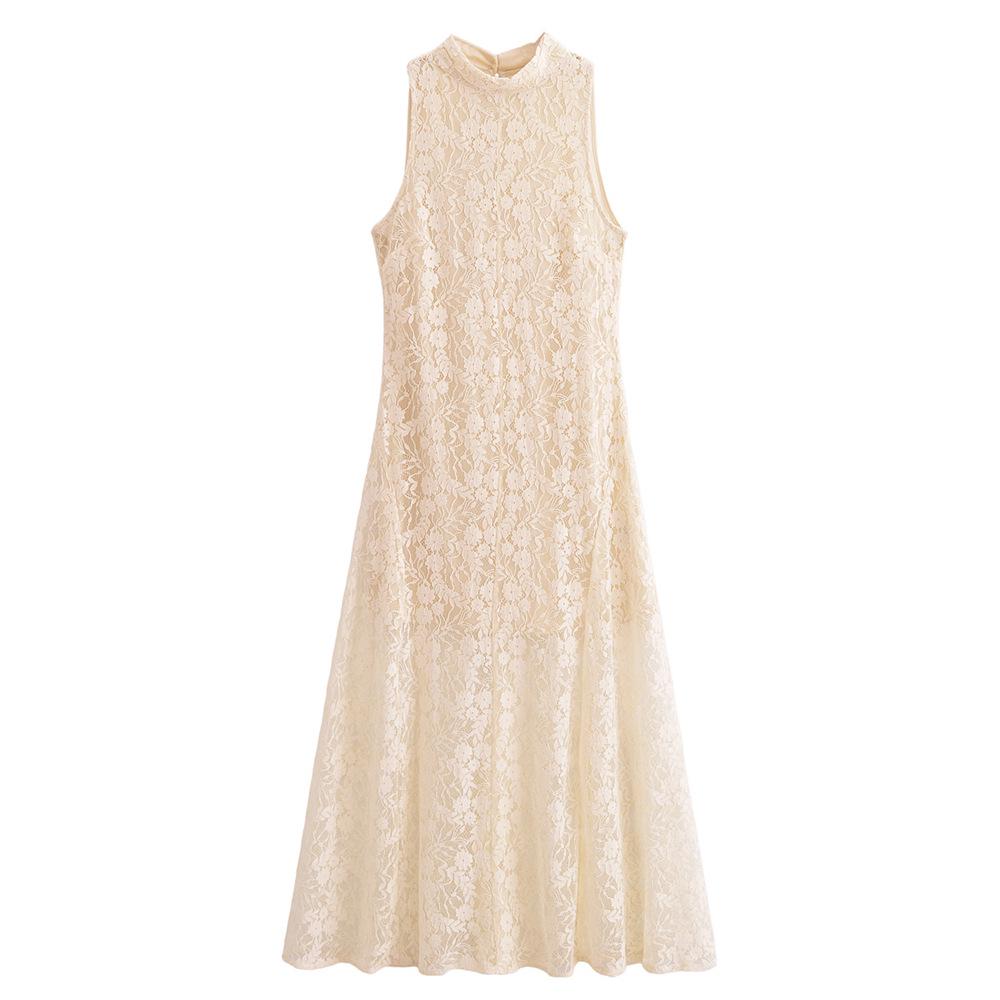 

2024 Autumn/Winter High Neck Retro Lace Flared Dress for Women L