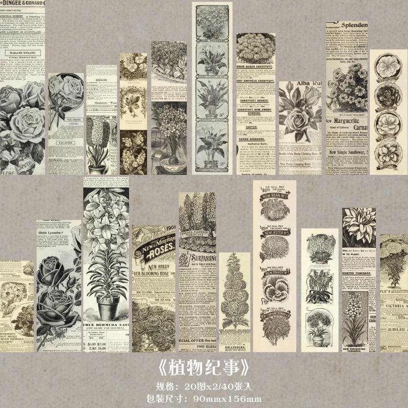 40pcs/pack Vintage Plant Butterfly Long Strip Sticker Pack Decorative Junk Journal Diary Album Labels Washi Sticker,DIY material