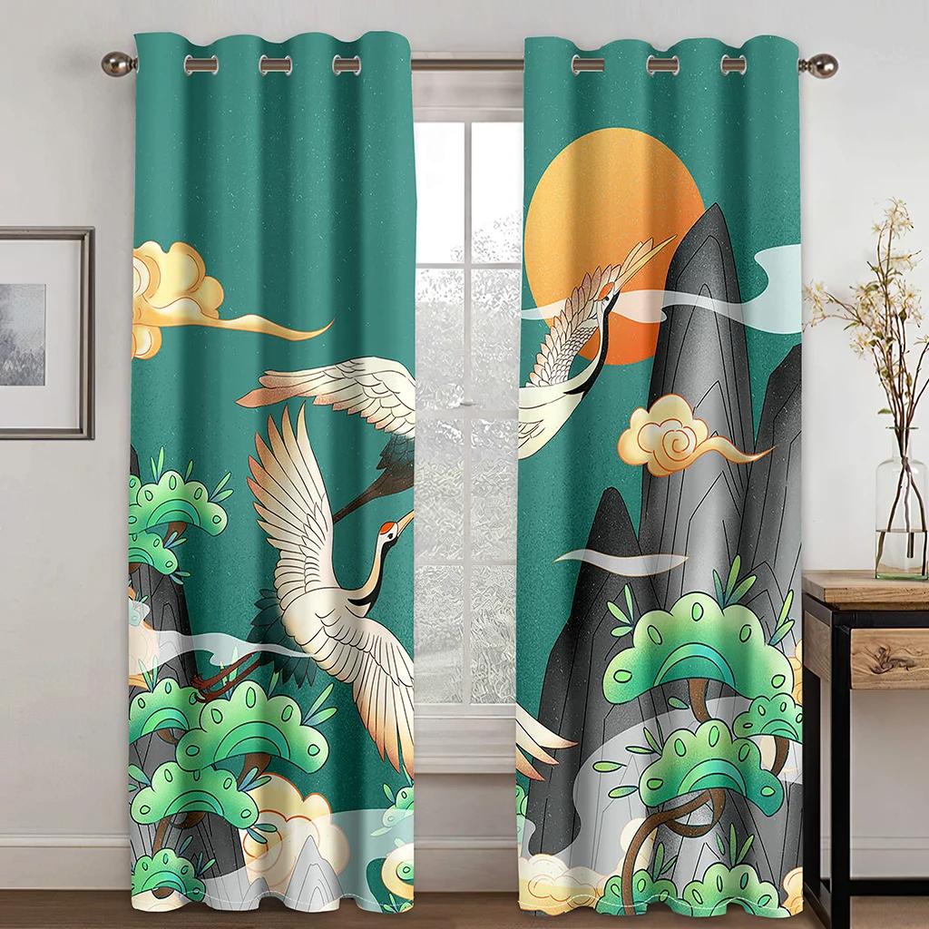 Retro Japanischer Stil Chinesischer Kran Welle Berg Sonne Druck Dicke Vorhänge Schlafzimmer Wohnzimmer Hotel Fenstervorhang 2 Paneele Neu