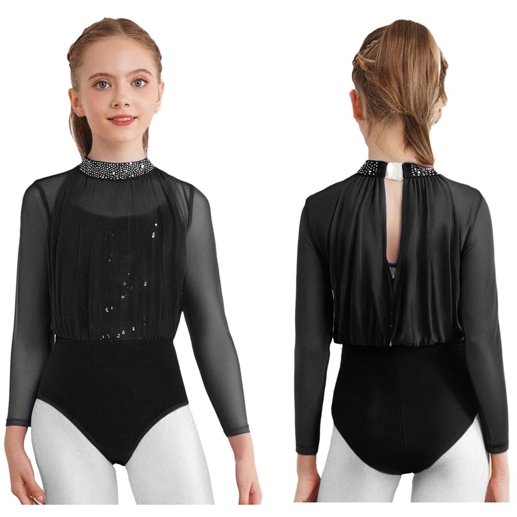 Body da Pattinaggio Artistico a Maniche Lunghe per Ragazze Costume da Danza Moderna Design con Schiena a Goccia Paillettes Strass Outfit