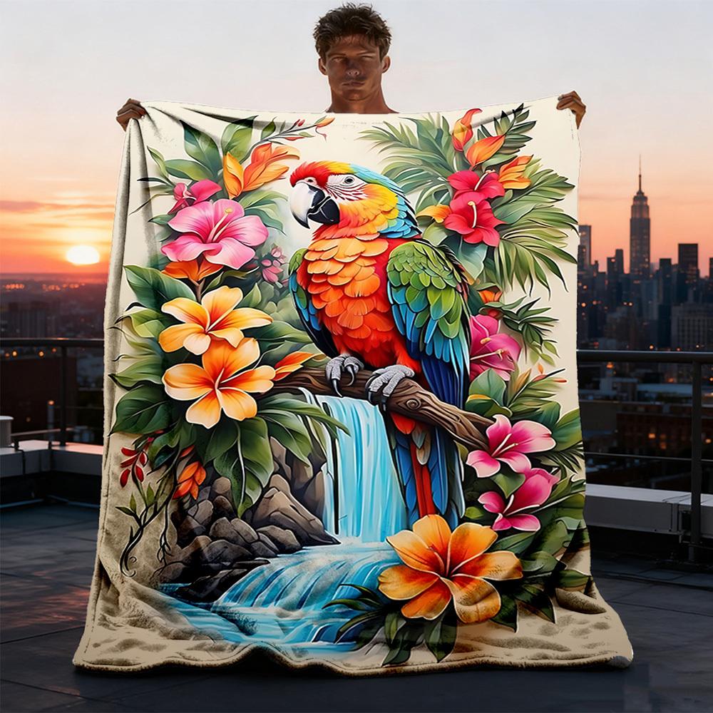 1pc Parrot Tropical Flowers Print Throw Blanket Polyester Fiber, Lightweight Flannel, Soft & Warm, All Season Use for Outdoor, Camping Digital Print