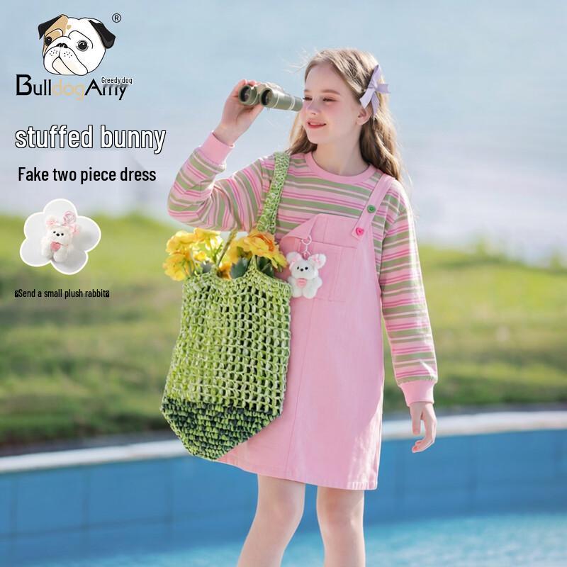 CHANZUIGOU Girls  Plush Bunny Faux Two-Piece Striped Dress 130 cm