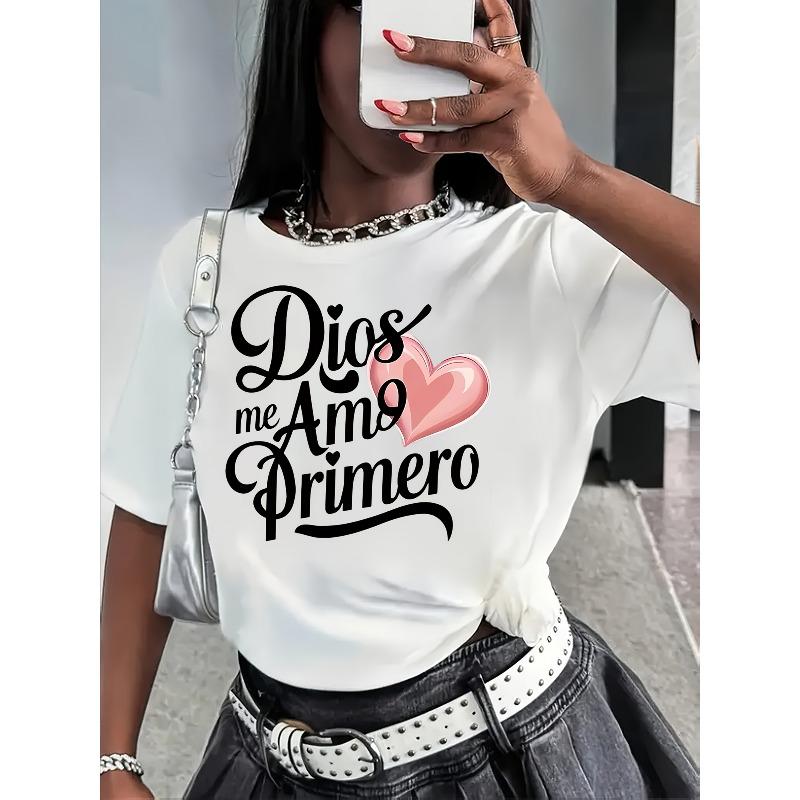 Pink Heart Letter Print Casual Round Neck Women S Short Sleeve Spring Summer Top S белый