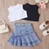 Girls' Fashion Set, Summer Children's Casual Solid-color Sleeveless Top, Denim Pleated Skirt Set
