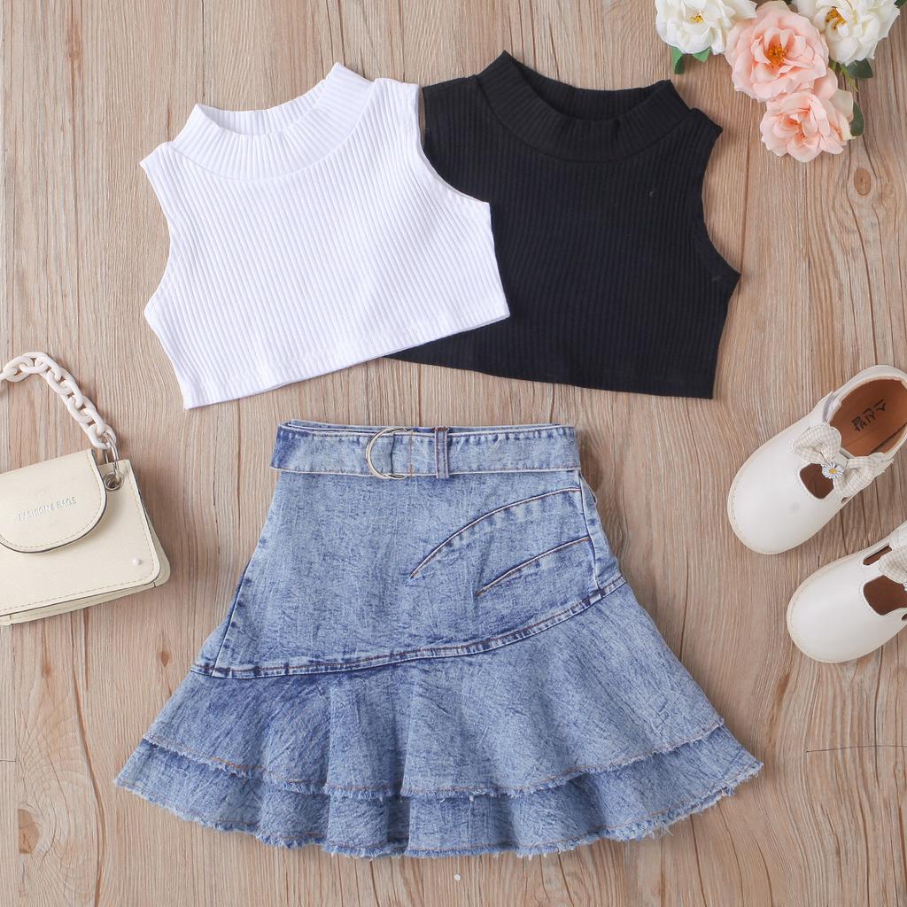 Girls' Fashion Set, Summer Children's Casual Solid-color Sleeveless Top, Denim Pleated Skirt Set