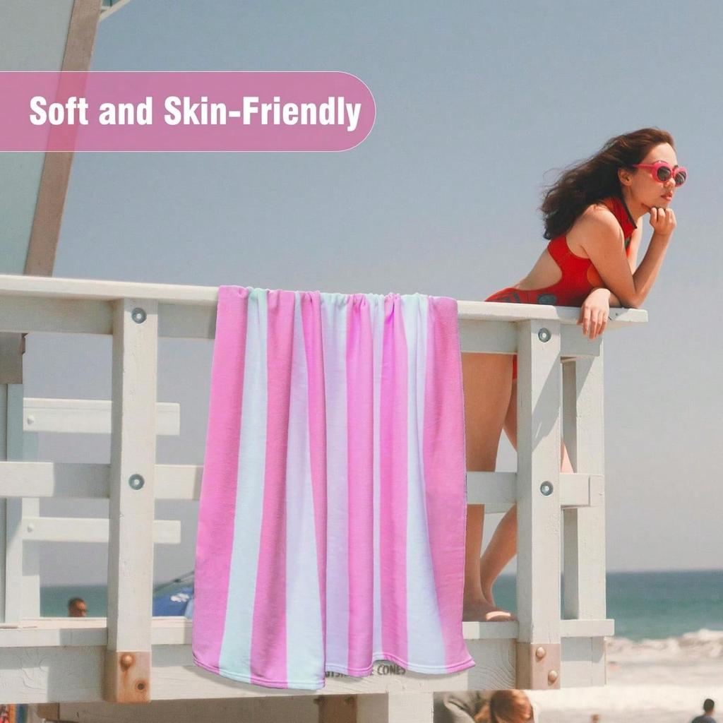 1 Pc Large Oversized Beach Towel 31''X71'', Microfiber Pool Towel, Pink Striped Quick Dry Cabana Swim Towel