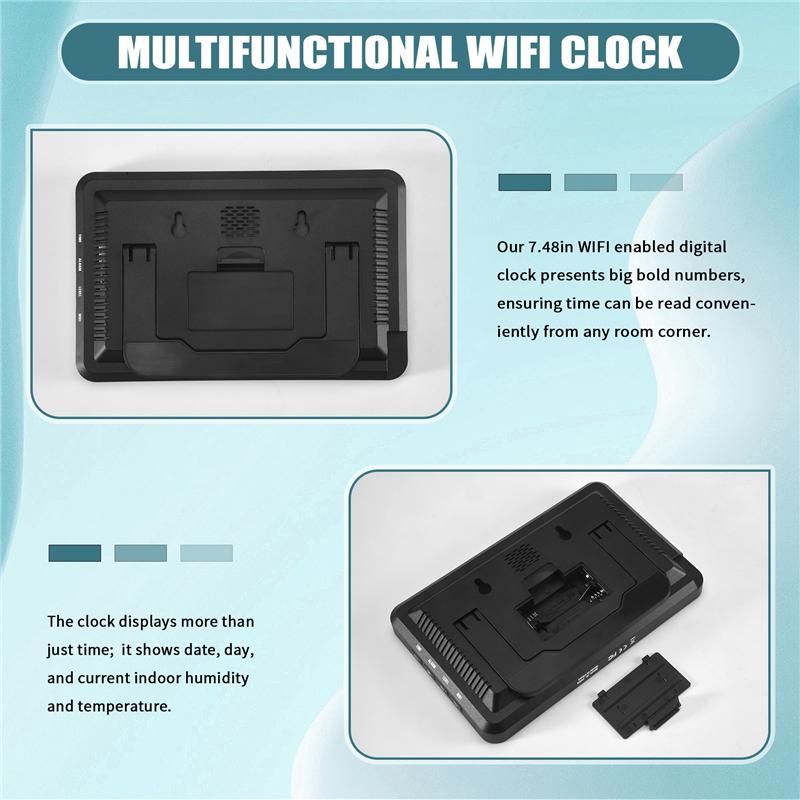 

ABWR-Digital Clock Wifi Clock Extra Large Letters, Temperature And Humidity, Calendar, Week, 4-Level Brightness чёрный