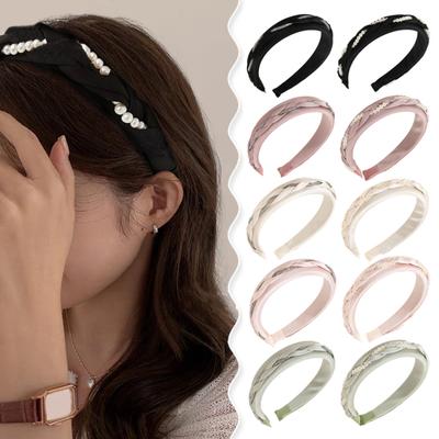 Wide Knotted Headband Faux Pearls Rhinestones Decor Twist Design Boho Cross Knot Hair Hoop Hair Accessories