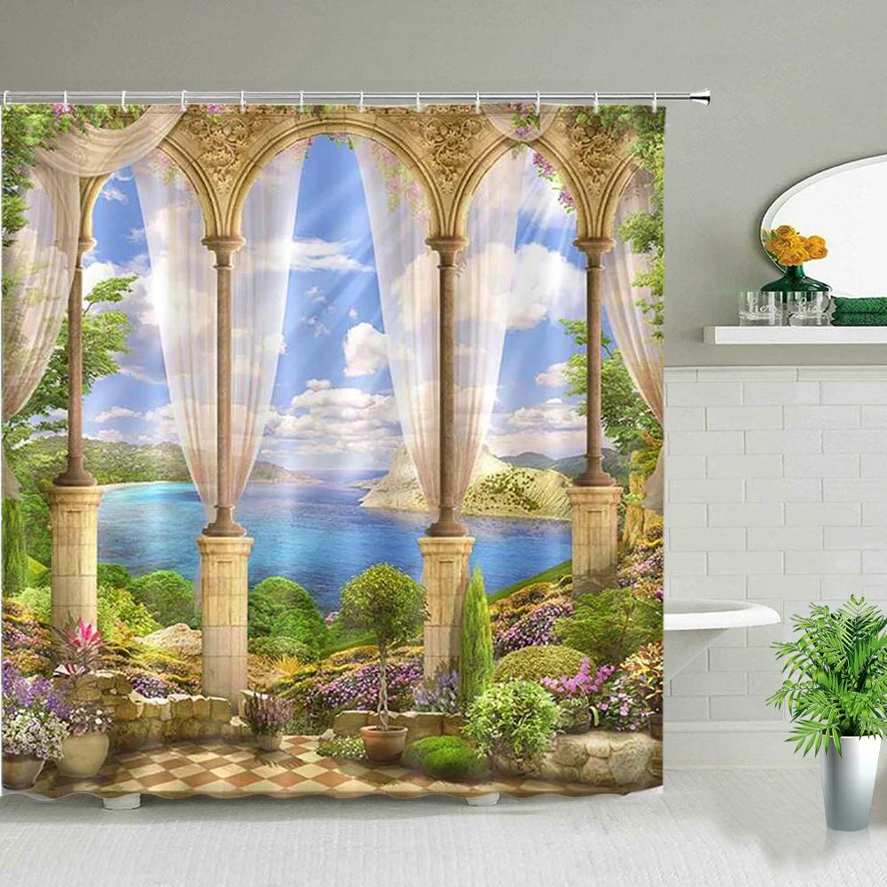 Waterproof Shower Curtain Set Flowers Arch Bridge Landscape Home Decor Bathroom Curtain Polyester Fabric Background Wall Decor