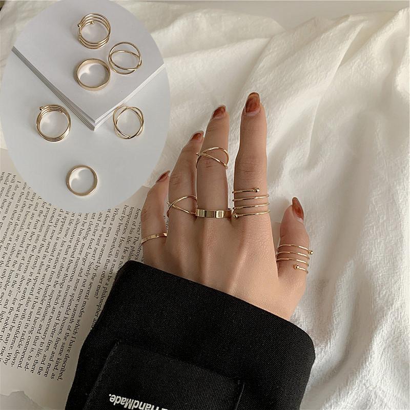 JWER 6 Stück/Set Punk Fingerringe Minimalistisch Glatte schwarze Geometrische Metallringe für Damen Mädchen Party Schmuck Bijoux Femme