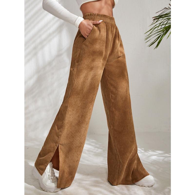 Spring and Autumn Women's Pants High Waist Casual Pants Solid Colour Corduroy Splicing Slit Hem Long Pants