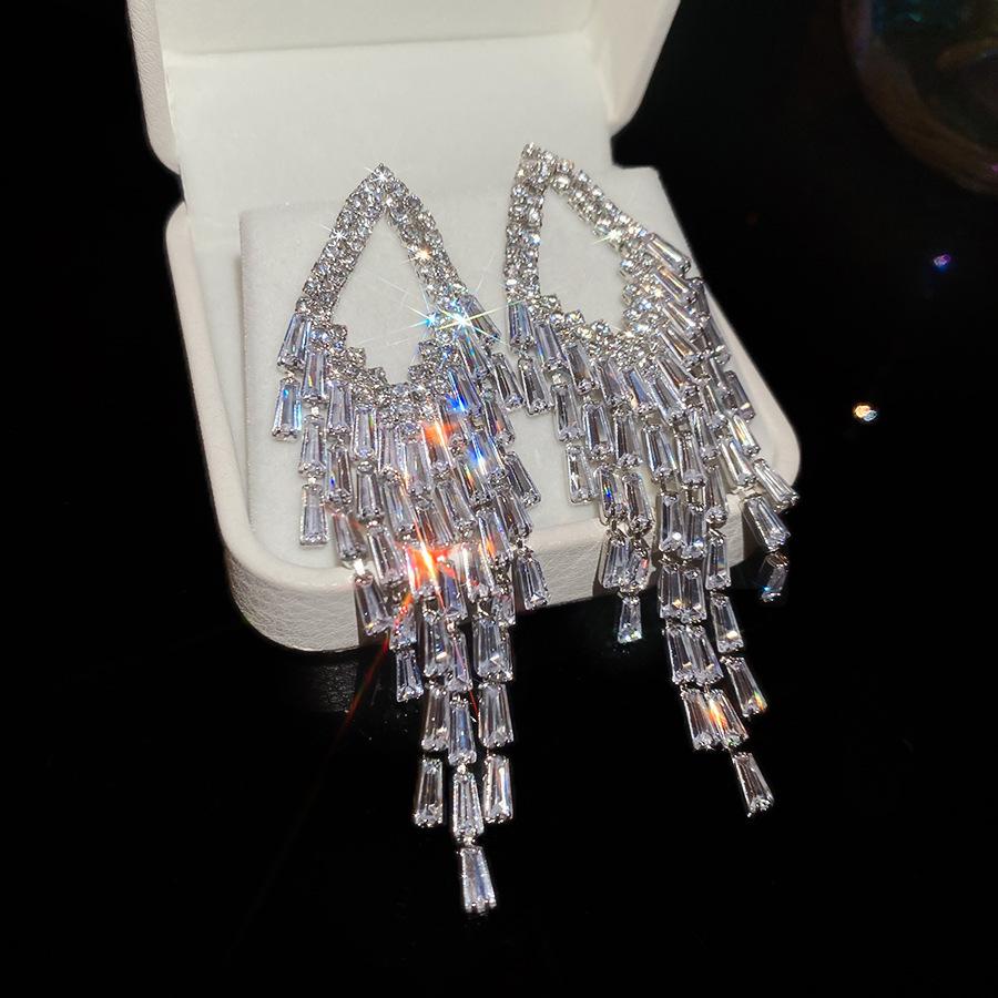 French Court Style Silver Needle Zircon Rectangular Earrings Exquisite Light Luxury High-end Stud Earrings Exaggerated Earrings Women