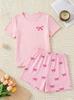 Girls Pajama Set, Cute Bow Print Short Sleeve Top & Striped Shorts, Soft Cozy Loungewear for 12-16 Years