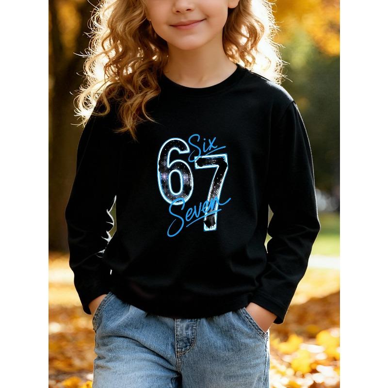 Kids Unisex Crewneck Sweatshirt, Galaxy Star 67 Six Seven Blue Neon Outline Print Long Sleeve Pullover, Soft Fleece Sweatshirts for Boys Girls Ages 4+