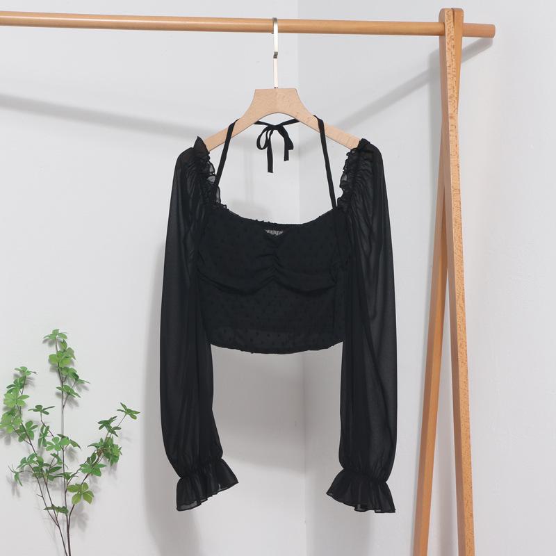 

Square Neck Clavicle Top: 2023 Spring Lantern Sleeve Tie-Up Halter Blouse 8876 One Size чёрный