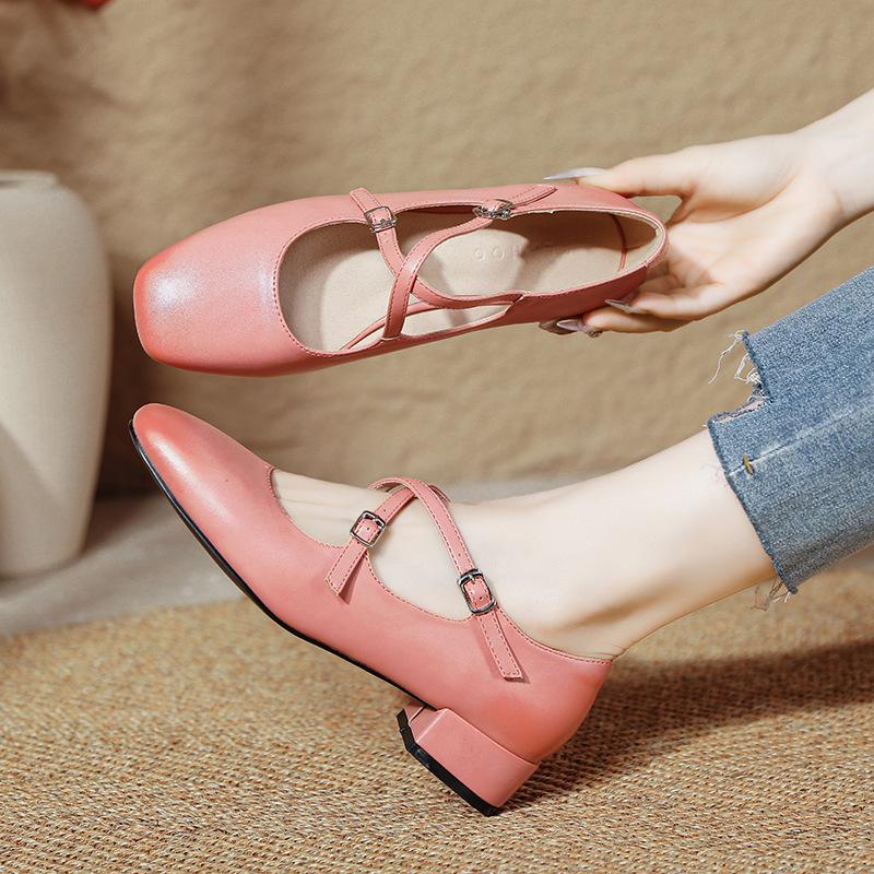 Retro Medium Thick Heel Women's Shoes Lightweight Mary Jane Shoes Cross Strap Square Toe Small Leather Shoes Shallow Mouth Casual Shoes