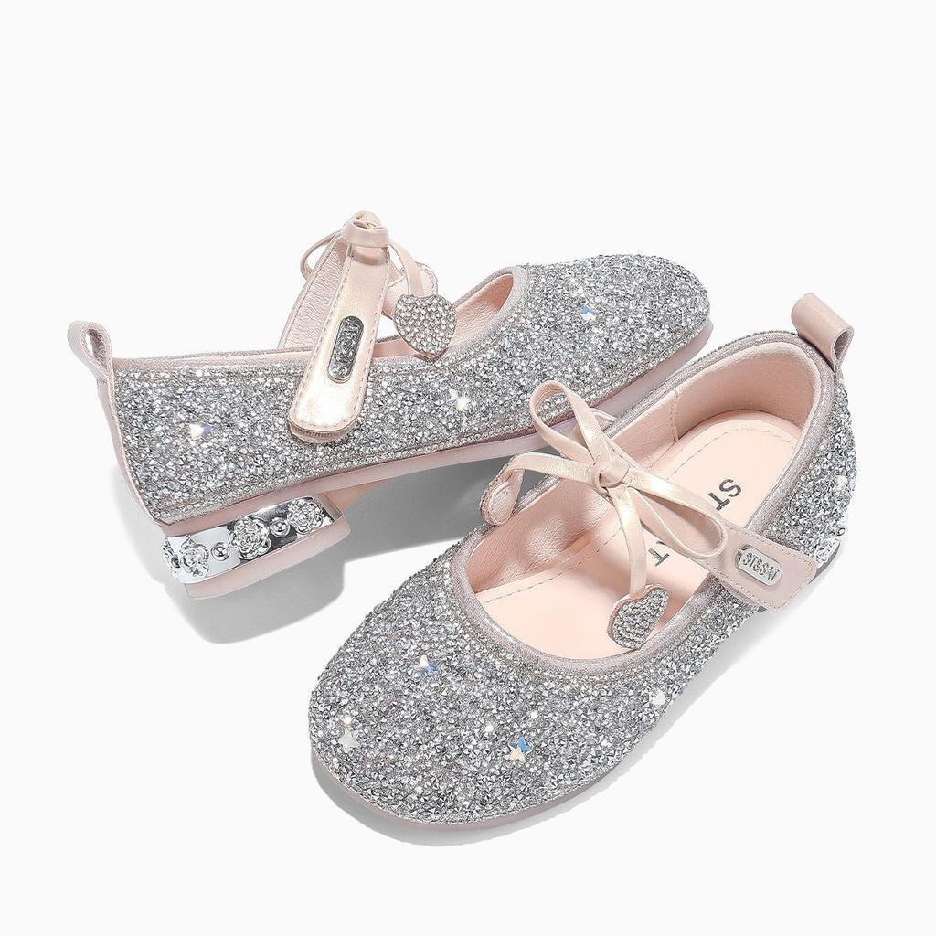 Girls Princess Shoes Children's Sparkling Shoes Autumn Soft Sole Little Girls Single Shoes Small High Heels Crystal Leather Shoes