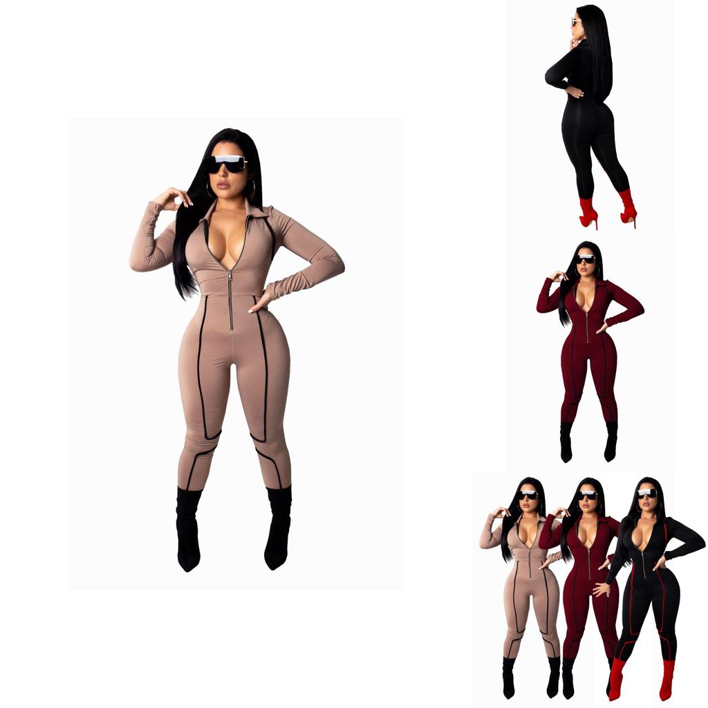 Elegant Fashion Lapel Tight-fitting Jumpsuit Sexy Woman Long Sleeve Playsuits Bodysuit