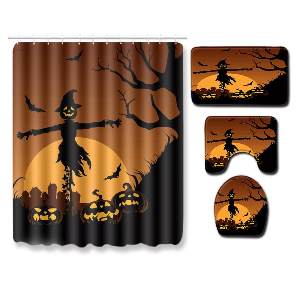 Halloween Duschvorhang Bodenmatte Kombination Vierteilige Haushalts-Fußmatte Schlafzimmer Rutschfester Teppich