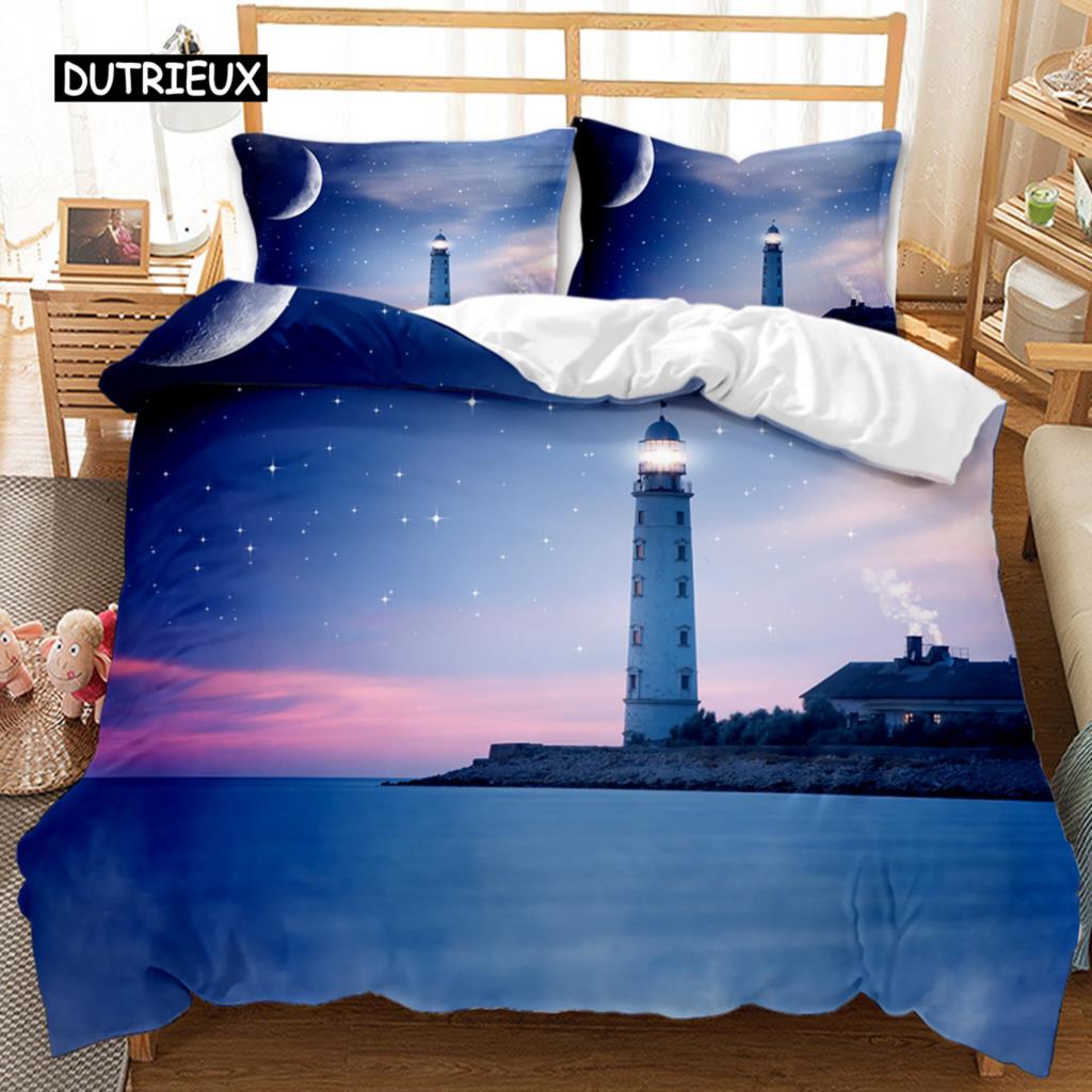 Lighthouse Duvet Cover Ocean Comforter Cover Nautical Quilt Cover Sunset Nature Double Queen King Size Polyester Bedding Set