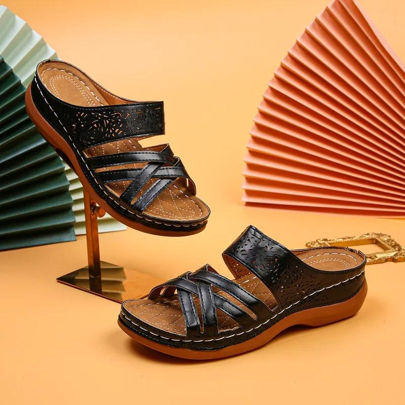 Móda Nové Dámské Prémiové Ortopedické Sandály s Otevřenou Špičkou Letní Vintage Protiskluzové Prodyšné Kožené Ležérní Dámské Platformové Retro Boty