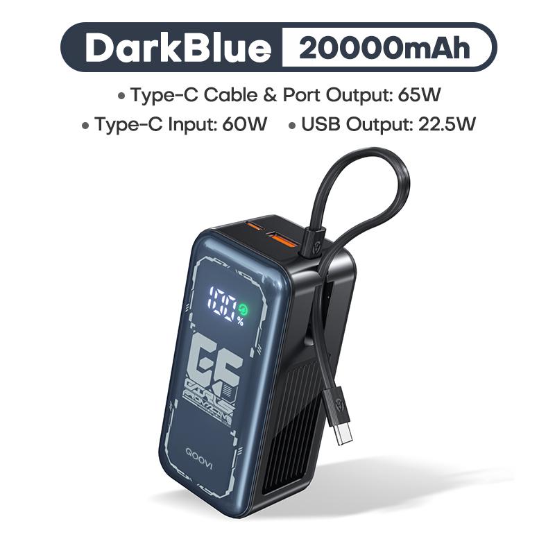

QOOVI 20000 мАч Power Bank PD 65 Вт Быстрая зарядка Встроенный кабель Внешний аккумулятор большой емкости Портативное зарядное устройство для iPhone Samsung Xiaomi синий