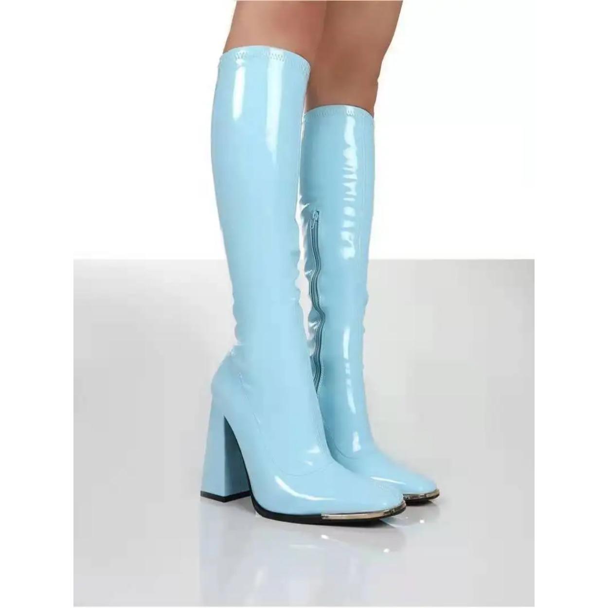 

Жіночі чоботи на квадратному підборі до коліна Класичні чоботи з квадратним носком Чоботи на блискавці зі штучної шкіри Вечірні танцювальні туфлі Botas De Mujer 41 світло-синій колір