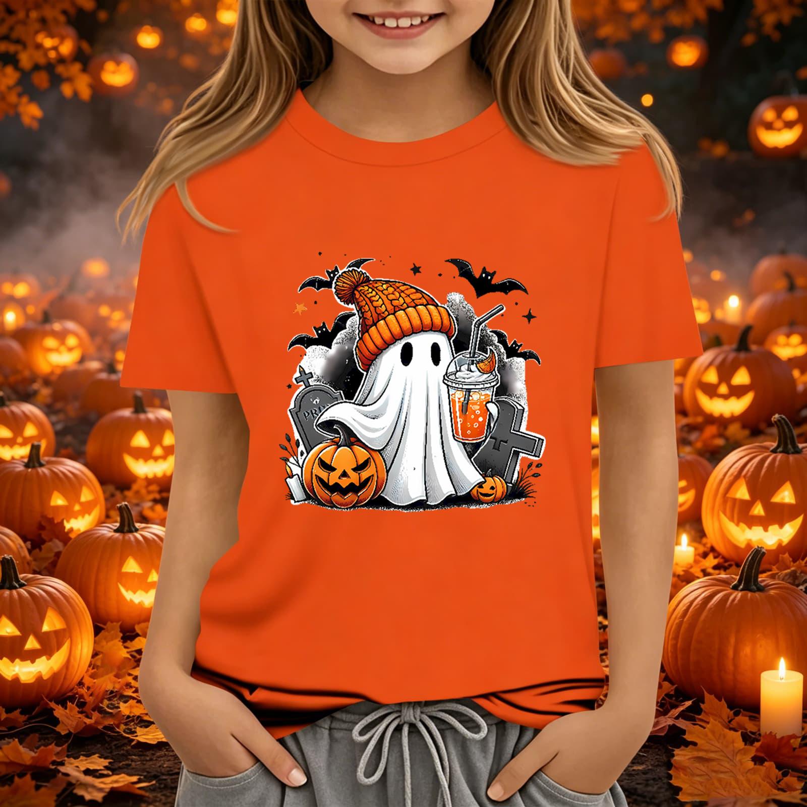 Kids Halloween Printed Short Sleeve Neck T-Shirt, Loose Fit Top 100