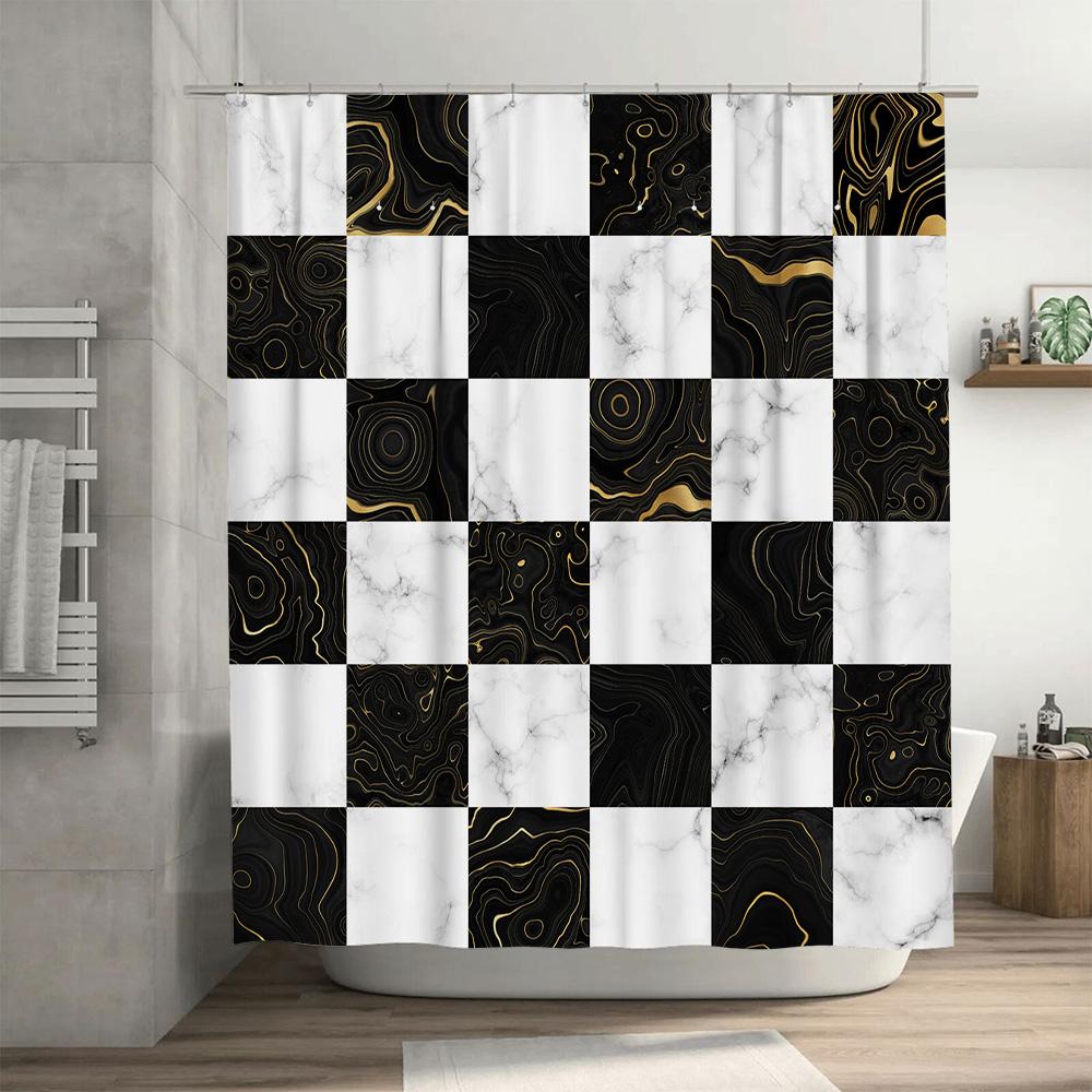 Modern Decorative Shower Curtain Set Waterproof Fabric Bathroom Decor Customizable Size Black White Gold Geometric Chevron Patte