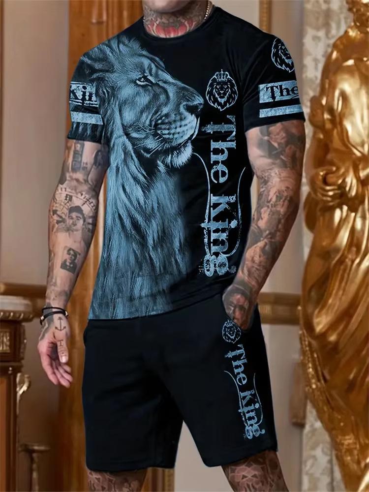 3D Printed Lion Round Neck Short Sleeve Suit - Trendy Brand