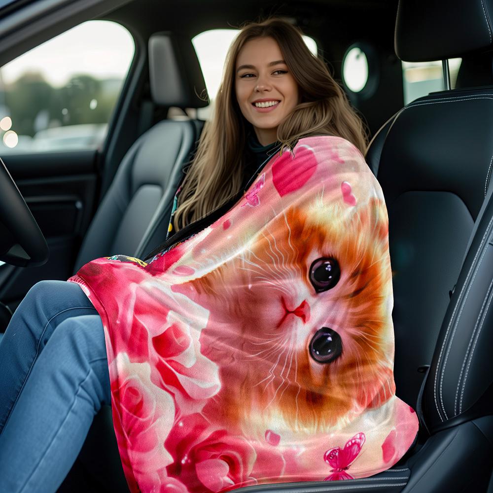 Mignon Chaton Roses Cœurs Papillons Fond Rose Couverture en Flanelle Couverture Douce Confortable pour Chambre d'Enfant Filles Décoration Cadeau