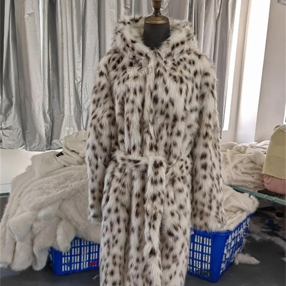 S-2XL Inverno Caldo Lungo Peluche Soprabito Donna Finta Pelliccia di Volpe Nero Bianco Pois Leopardo Cardigan Donna Spesso Giacca a Vento Cappotto Con Cappello