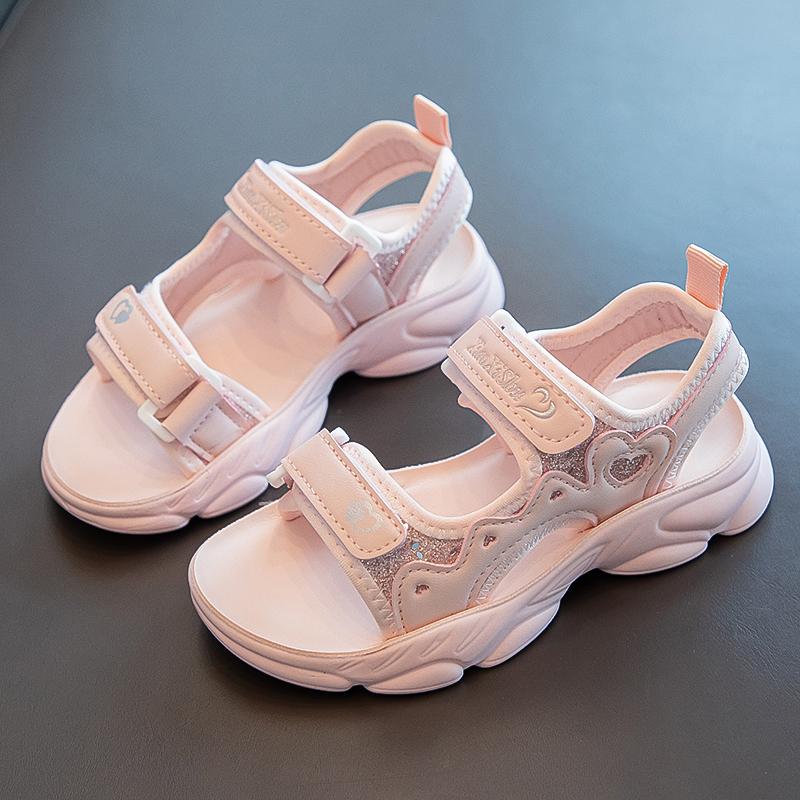 

Girls Beach Shoes Double Hook&loop Kids Sandals Open Toes Soft Sole 2025 Summer New Children Princess Shoes Shiny Sequins Sweet 26 розовый