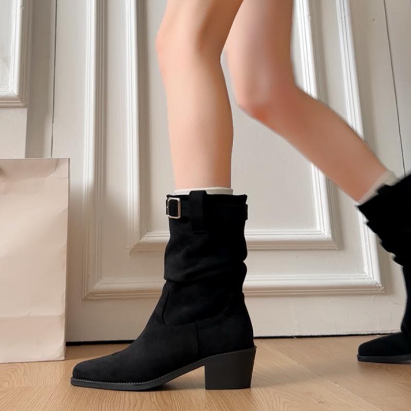 Autumn Winter Suede Pointed Toe Women Ankle Boots Fashion Slip On Thick Heel Shoes Ladies Elegant Slim Short Booties